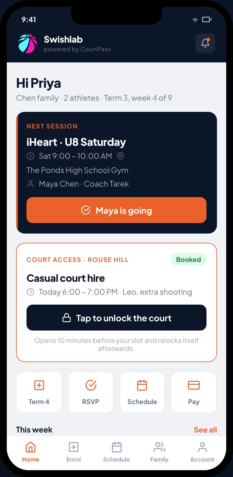The Swishlab member app — home screen with the next booking and tap to unlock
